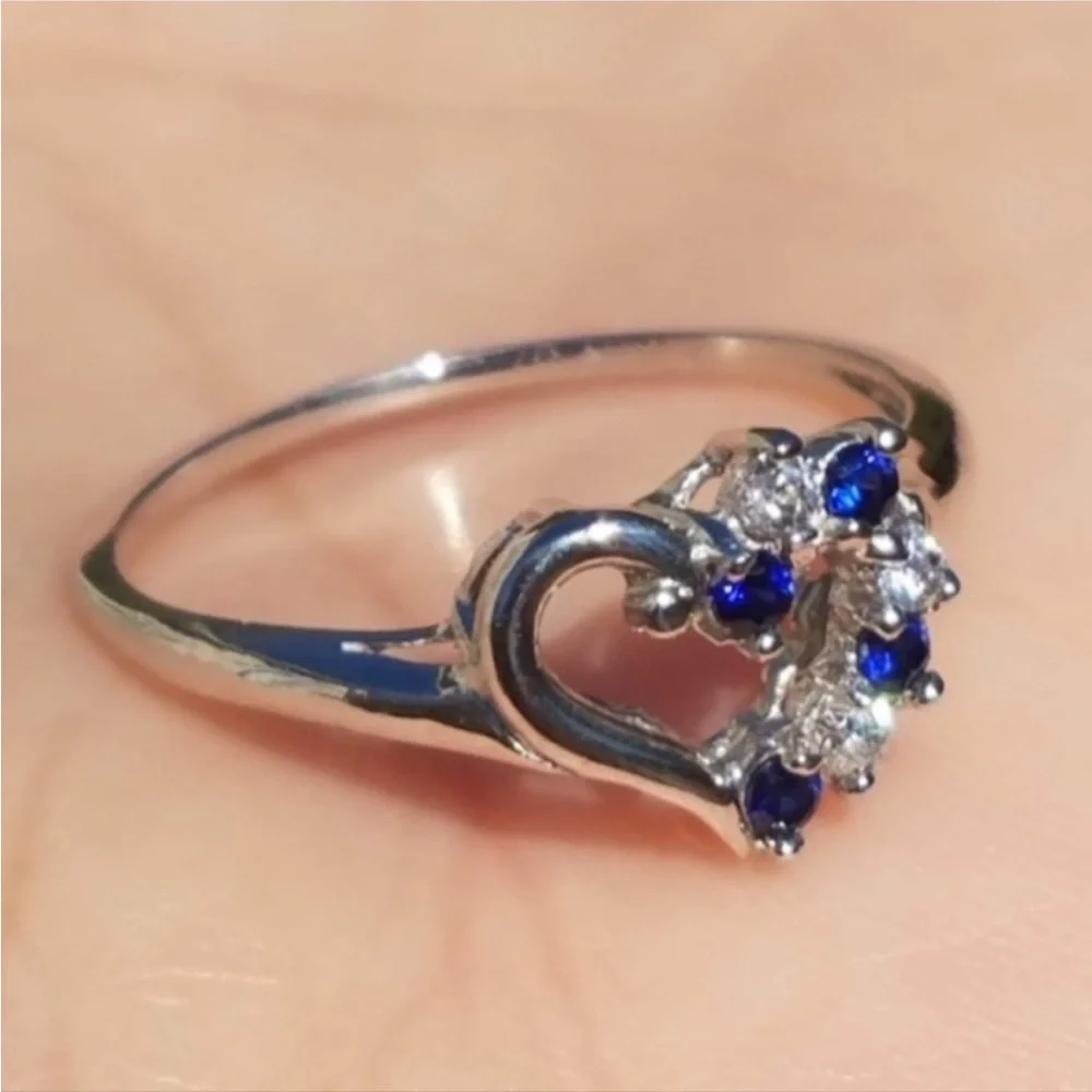 10k Solid White Gold Genuine Blue Sapphire & Simulated Diamond Heart Ring